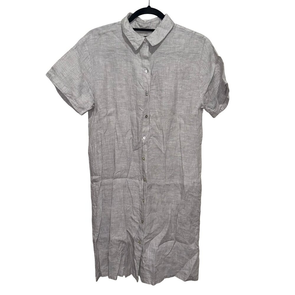 Tahari Light Gray 100% Linen Midi Shirt Dress Sz M